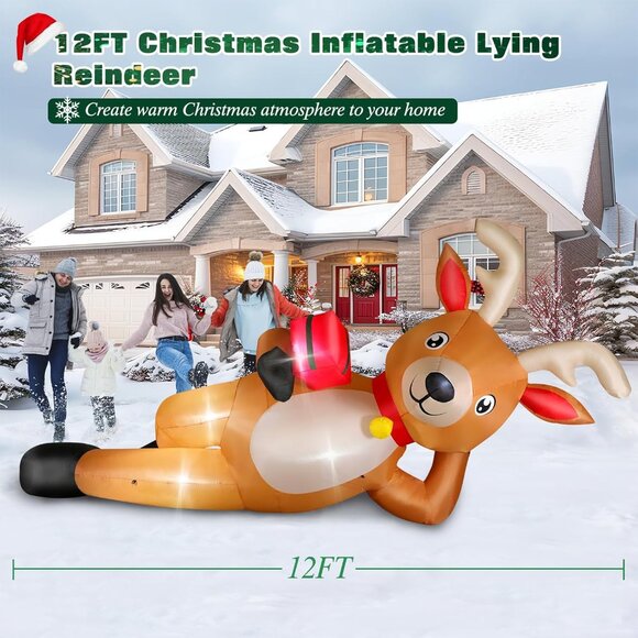 ⚡12FT Christmas Inflatable Blow Up Reindeer Gift Box Decor Outdoor Decoration - Picture 2 of 6